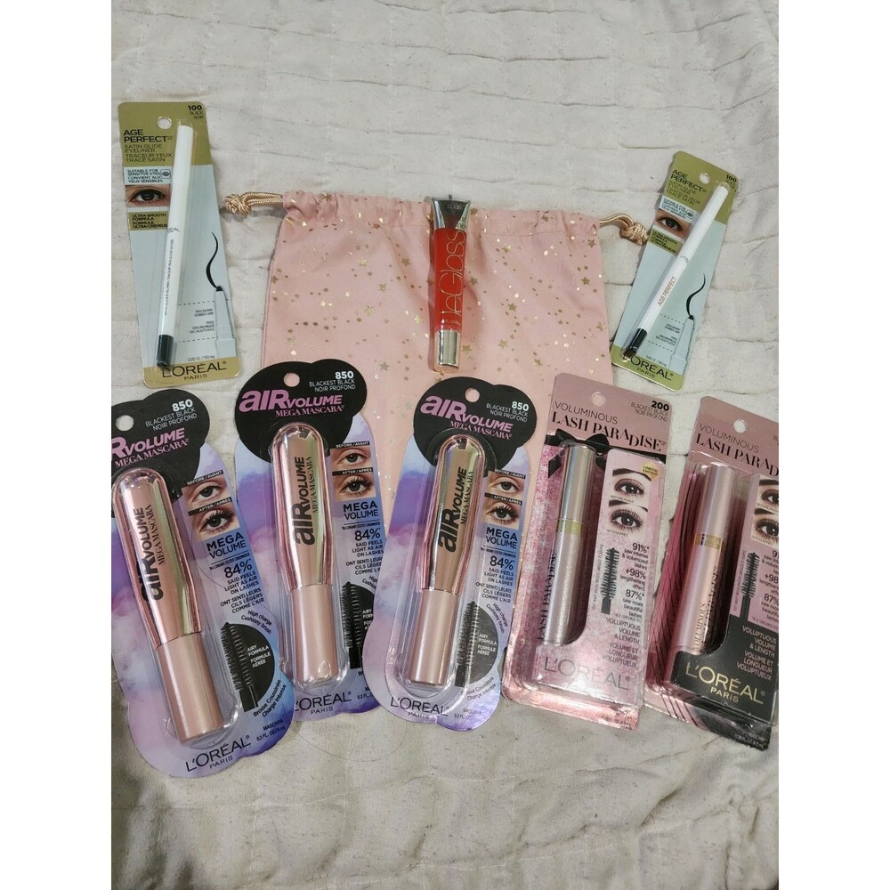 Lot Of 8 New Loreal Makeup Eye Cosmetics, Mascara, Eyeliner, Lip Gloss with Bag